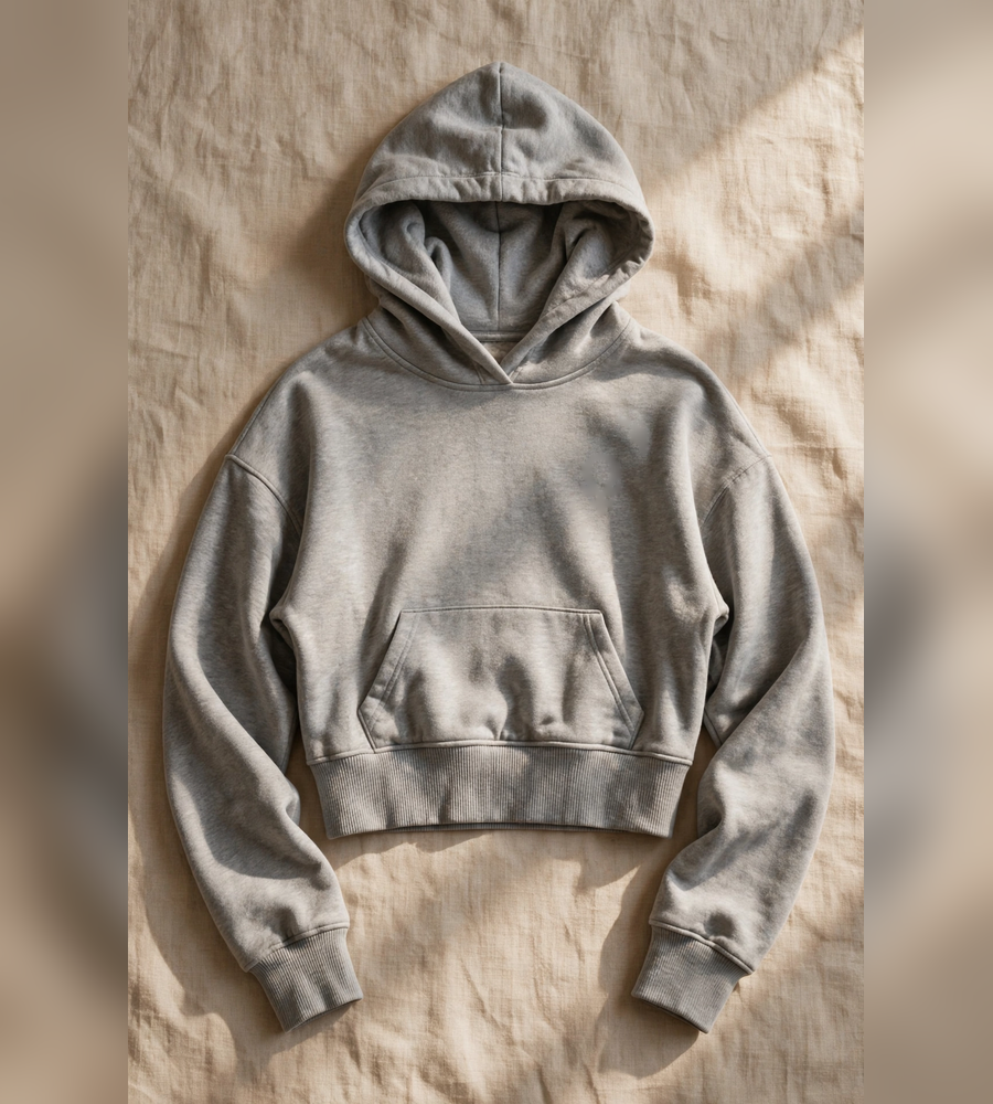 Gray cropped hoodie shown with the fused Omega Woman mark and the words SOFT IS STRONG