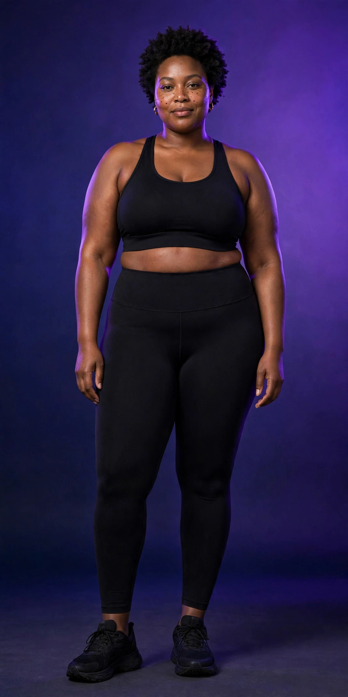Woman wearing the Omega Woman cropped yoga sport bra, front view