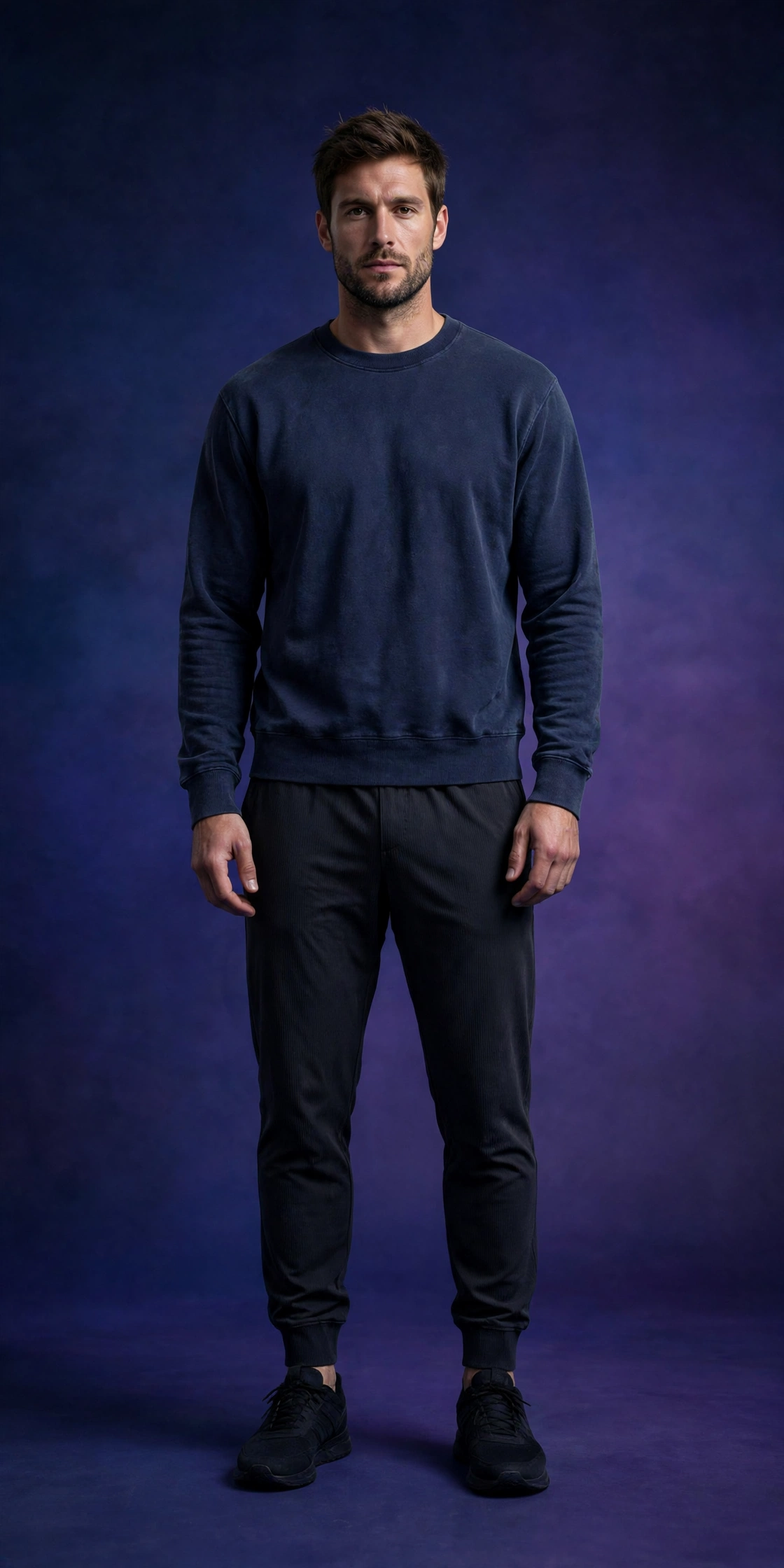 Man wearing the men's crew sweatshirt shown with the fused Omega Man mark and the words CHASE PLATES, RAISE PEOPLE