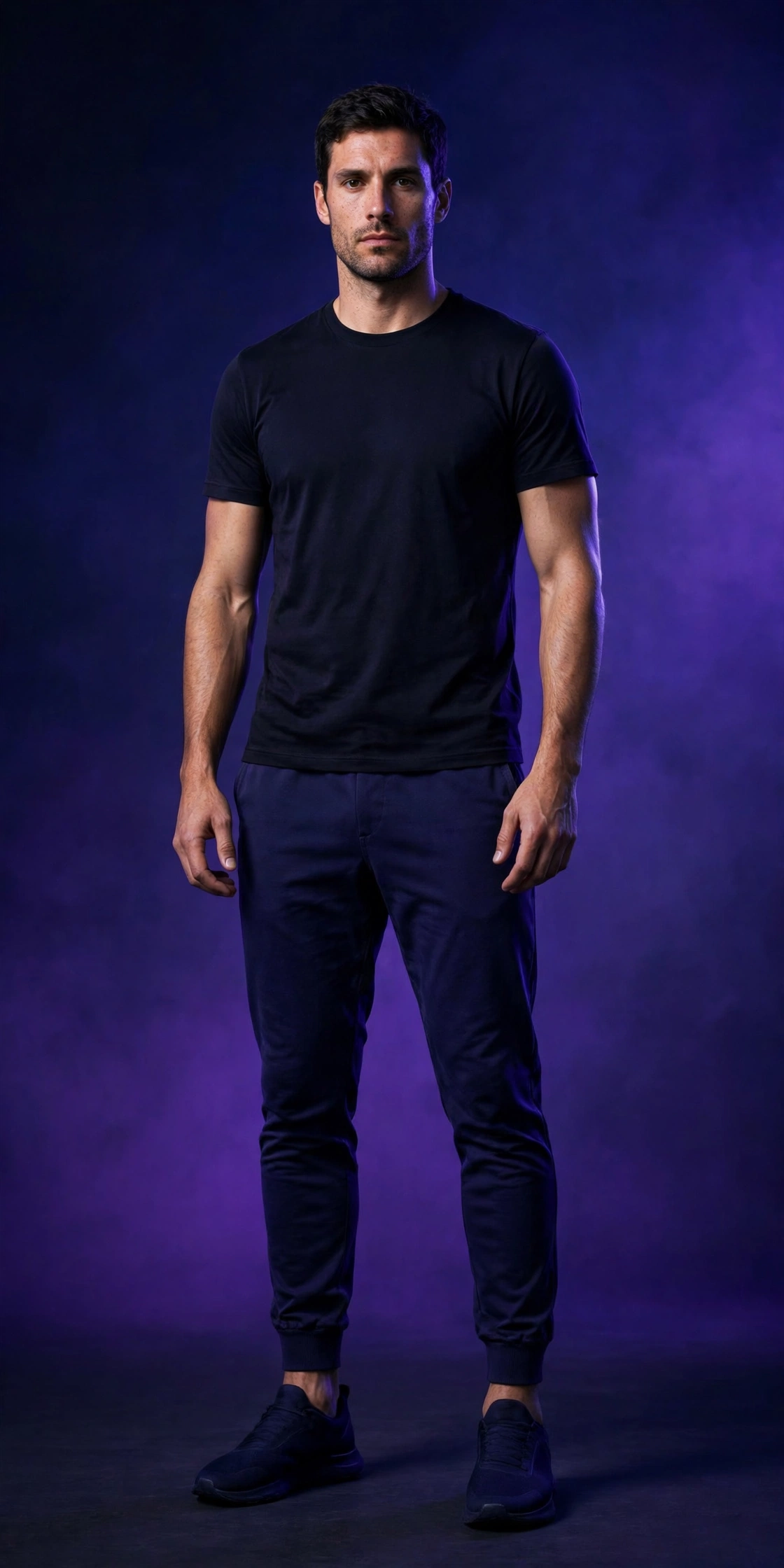 Man wearing the men's training joggers shown with the fused Omega Man mark and the words CHALK UP, OWN UP