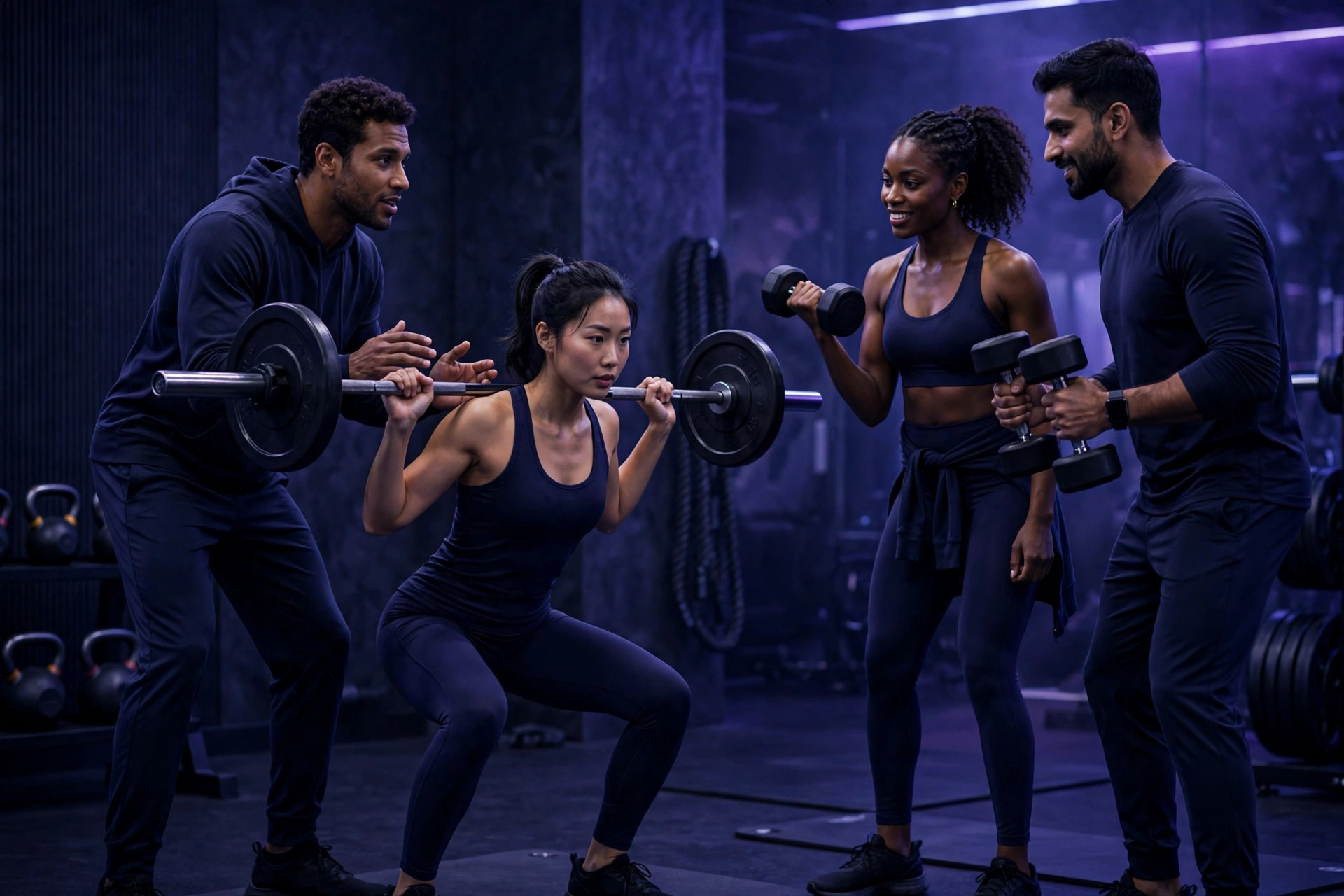 Men and women training together in an indigo-lit gym — a man spots a woman's barbell squat while training partners lift beside them