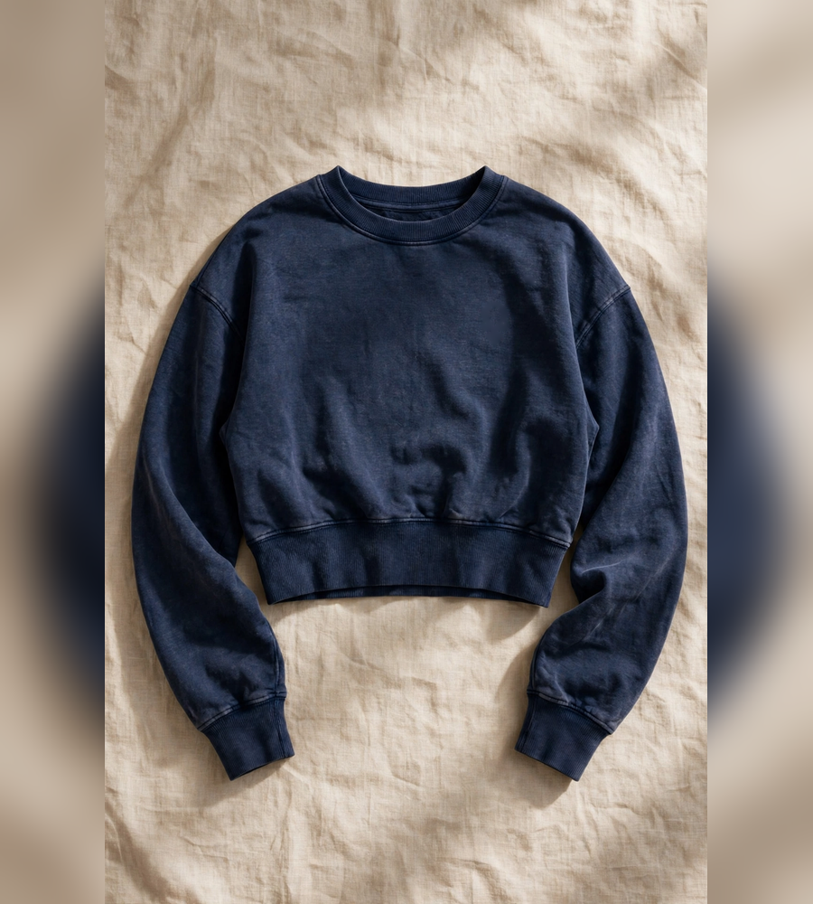 Navy cropped sweatshirt shown with the fused Omega Woman mark and the words MOVE LIKE WATER, HIT LIKE THUNDER